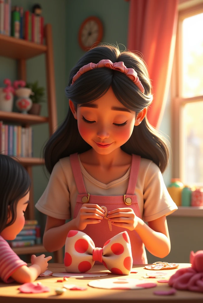 Create a beautiful pixar style woman by creating a big bow for her daughter