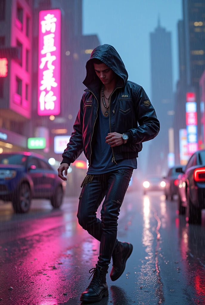 cheered up:1.5, (masterpiece, Best Quality, High resolution, Fondo de pantalla de unidad de 32K, Extremely detailed CG:1), (weak illustration on stage:1.0), ((ung and handsome cyberpunk:1.5 dancing in the rain:1.7 )),(( cyberpunk night city:1.4)), neon signs futuristic cars,dark place rain, ((wet clothes magenta neon lights perfectly illuminating the alien:1.45) . 32K