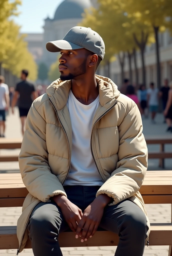 best qualityer:1.4), (ultra high resolution:1.2), (photorrealistic:1.4), (8k, CRU photo:1.2), ung black man, 20 years old. he is wearing a white shirt, beige puffer coat on top. He is wearing black jeans. Corte de cabelo buzzcut. He's wearing a gray cap backwards. He is sitting on a wooden bench in the sun. Corte de cabelo buzzcut. thin build. It's not blurry in the background. thin build. In the background there are a lot of people walking