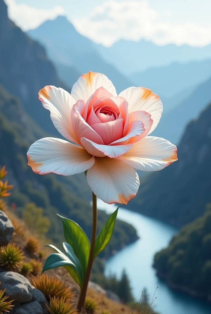 White flower with a pink center and orange edges on the petals, on a mountain near a river