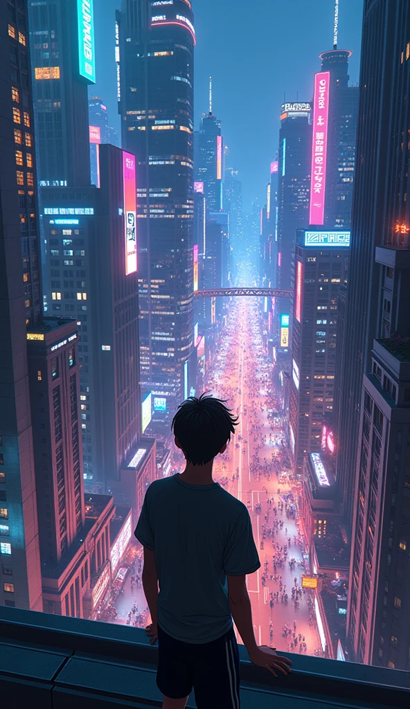 anime neon cyberpunk theme teenage boy looking at the city from a balcony of a tallest among all the skyscrapers overlooking a city(wide angle view)(straight angle view from back)(far angle view), makoto shinkai cyril rolando, makoto shinkai. —h 2160, style of afrofuturism aerial view,, ( ( makoto shinkai ) ), makoto shinkai. digital render, makoto shinkai!, beautiful anime scene A cyberpunk city street scene with full of neon lights, and futuristic buildings,The atmosphere is vibrant and bustling with people in high-tech attire, high resolution, captured in crisp detail, The background features a neon-lit cityscape, giving the cyberpunk atmosphere a touch of intimacy and tenderness, eye-level camera angle --s 250 --v 6.0 --no 3D effect, photorealistic.Hawaii, gta vice style , illustration , reteo comic illustration