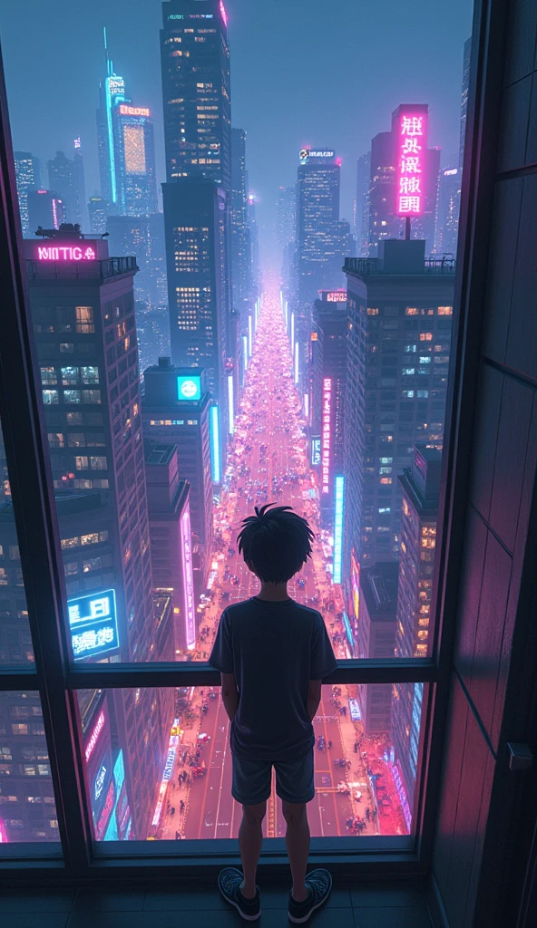anime neon cyberpunk theme teenage boy looking at the city from a balcony of a tallest among all the skyscrapers overlooking a city(wide angle view)(straight angle view from back)(far angle view), makoto shinkai cyril rolando, makoto shinkai. —h 2160, style of afrofuturism aerial view,, ( ( makoto shinkai ) ), makoto shinkai. digital render, makoto shinkai!, beautiful anime scene A cyberpunk city street scene with full of neon lights, and futuristic buildings,The atmosphere is vibrant and bustling with people in high-tech attire, high resolution, captured in crisp detail, The background features a neon-lit cityscape, giving the cyberpunk atmosphere a touch of intimacy and tenderness, eye-level camera angle --s 250 --v 6.0 --no 3D effect, photorealistic.Hawaii, gta vice style , illustration , reteo comic illustration