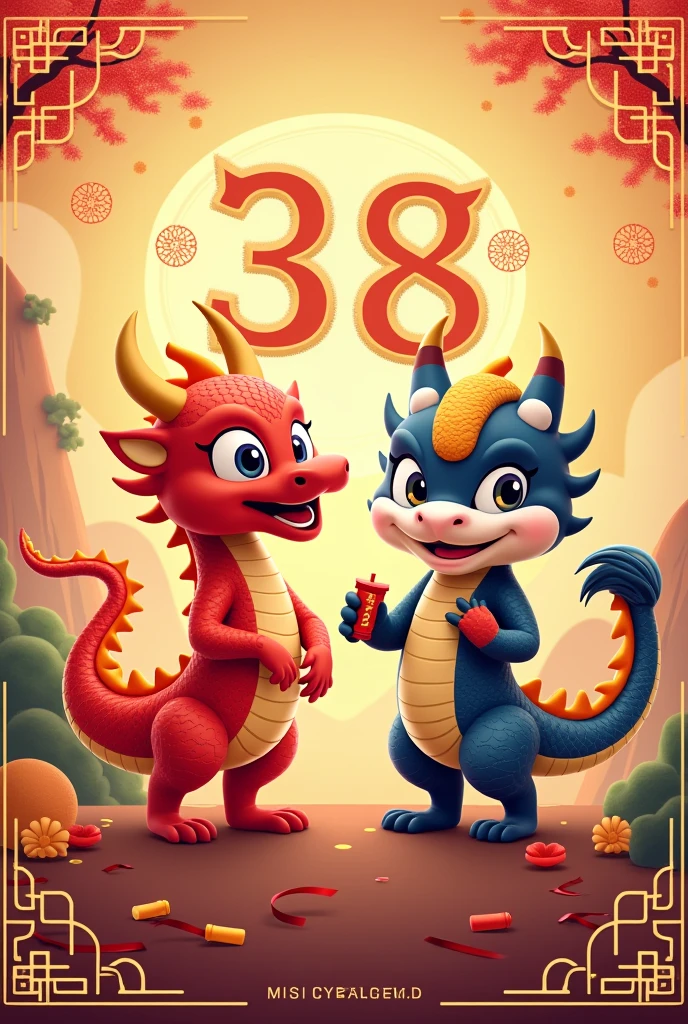 Generate a MSI anniversary card saying " happy 38 anniversary" featuring MSI Lucky dragon and MSI claw 8