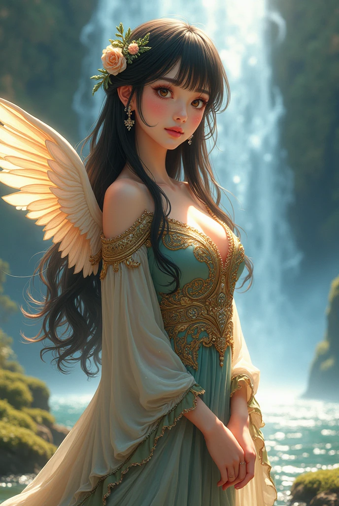 A stunning anime girl with long, flowing dark hair adorned with delicate golden hairpieces stands gracefully near a spectacular waterfall. She wears a vibrant, intricately embroidered Iranian dress, featuring rich colors and floral patterns. The sunlight sparkles off the water, creating a magical atmosphere as her soft, pearly wings shimmer in the light.