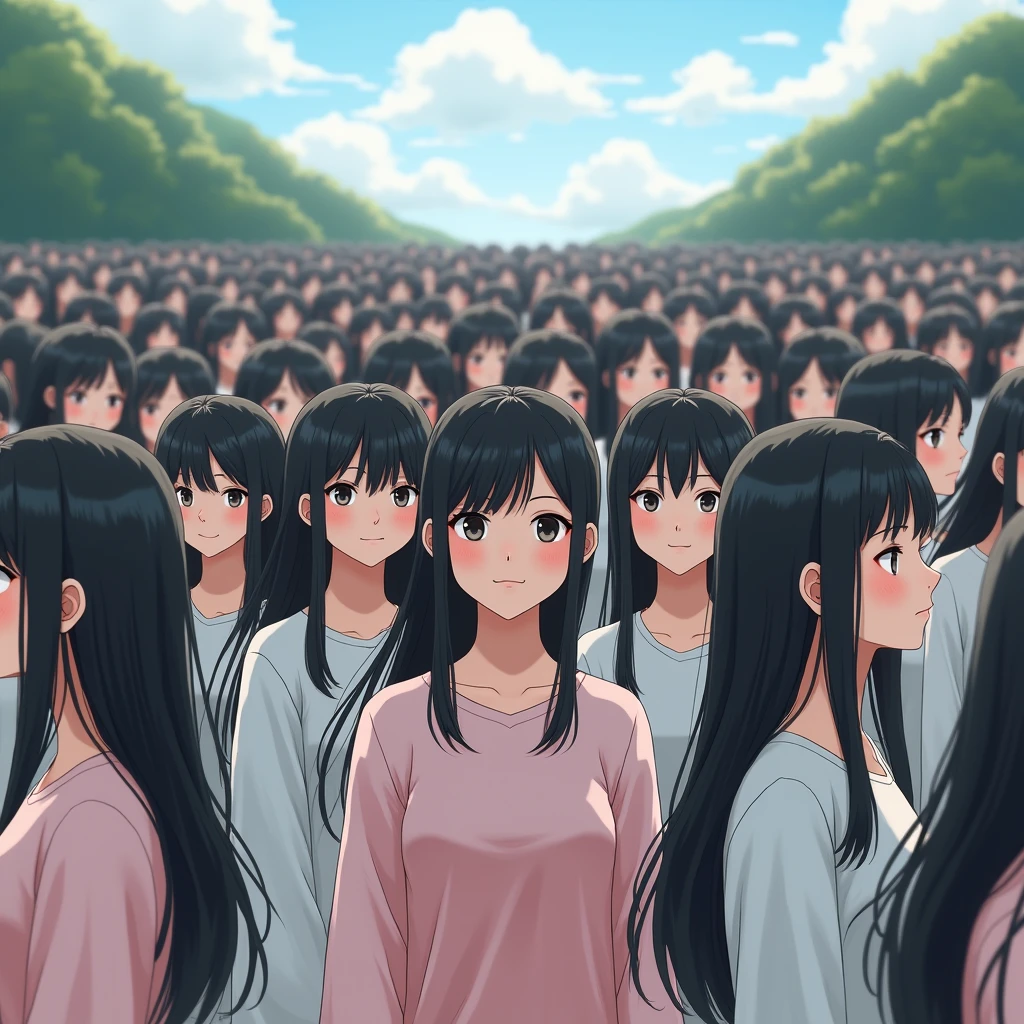 (((((Japanese Clone girls=Myself)))))), (((Best Super High quality Myself Clone girls Raw Photography Art))), (16K, Highest quality, Ultra-high resolution, RAW Photos), (((It's so unrealistic., With unparalleled depiction, With an unfathomable sight, An unprecedented and shocking worldview, Clone girls in a world of mass reproduction, Ultra-realistic))), (((Japanese, woman, 20yo, Saito-Asuka))), (Small face, ((Thick black hair, Semi-long hair))), ((V-neck short-sleeve dress)), (((((Very detailed美しい女体, Accurate body structure, Very detailed完璧な, Super busty body with very large breasts, Clearly emphasizes cleavage))))), (((Dark Eyes, Mature face, Cute Smile, A gentle gaze))), (((Her happy and smiling expression is so cute))), ((((((((Very detailed分身増殖描写, ((1girl→Myself cloning→1,000,000,000,000,000,000,000,000,000,000,000,000,000,000,000,000,000,000,000,000Myself Clone girls)))))))))), ((((((((Very detailed, The precise depiction of the proliferation of Myself Clone girls, ((With the perfectly identical bodies of Myself clone girls, With the exact same face as the Myself clone girls, With the exact same hairstyle as the Myself clone girls, In the exact same clothes as the girls who are my clones, Perfectly the same height as the Myself clone girls, Super big breasts, just like the Myself clone girls)))))))))), (((Myself clone girls only))), (((Multiple pairs, Very detailed depiction, (Myself clone girls hug each other, Myself clone girls assemble, Fun conversations with fellow Myself clone girls, A fun conversation between Myself clone girls, Myself clone girls holding hands, Walking with lots of Myself clone girls, turn around, look at me, The approaching crowd of Myself)))), (((Everyone looks at the camera))), (((Unbelievably crowded, Transcendent Myself clone girls intimately, Countless Myself clone girls surround you in 360 degrees))), (Bright, soft sunlight), (((Very wide field of view, Very detailed, Detailed ultra-perspective depiction with clear depth, super wide view))), (((((A view of a steeply curved slope))))), (((Very photographic and detailed depiction, Myself clone girls will multiply infinitely and fill the surroundings from one side to the horizon with their bodies tightly packed together without any gaps., A scene of endless Myself clone girls, giving a happy vibe.))), (Focus on the average value of the image)