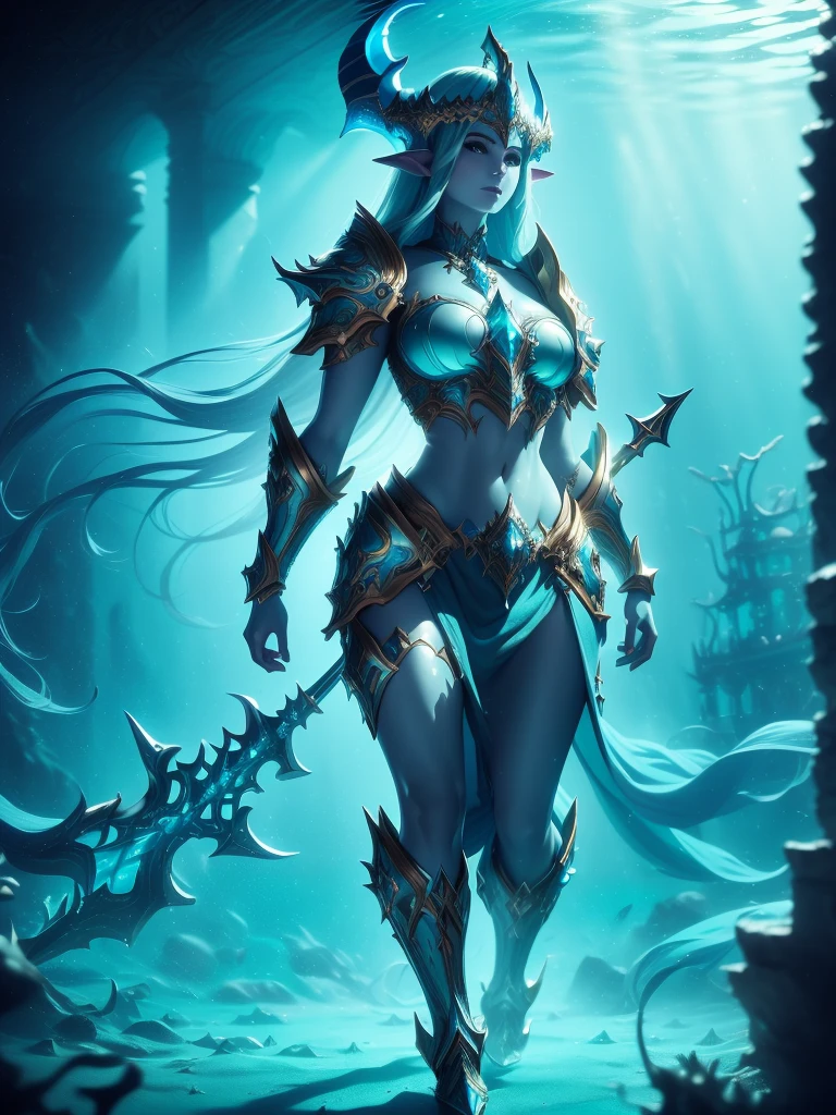 Photorealistic image ((Masterpiece)), ((high quality)) UHD 8K, of the Goddess Ran, goddess of the Nordic seas, realistic, Sea Elf, (medium chest), (thin waist), (long turquoise hair), ((body view full)), ((Full body fantasy armor)), ((breastplate)), with blue scales, ((large shoulder pads and intricate ice blue lights)), (((three pronged trident in her right hand))), ((in her underwater kingdom under the sea, fantastic celestial palace underwater submarine)), (mythological lighting and fantasy atmosphere), action pose, Dynamic lighting, heavy shadows, facing the viewer, gentle smile, ((pale blue skin)),