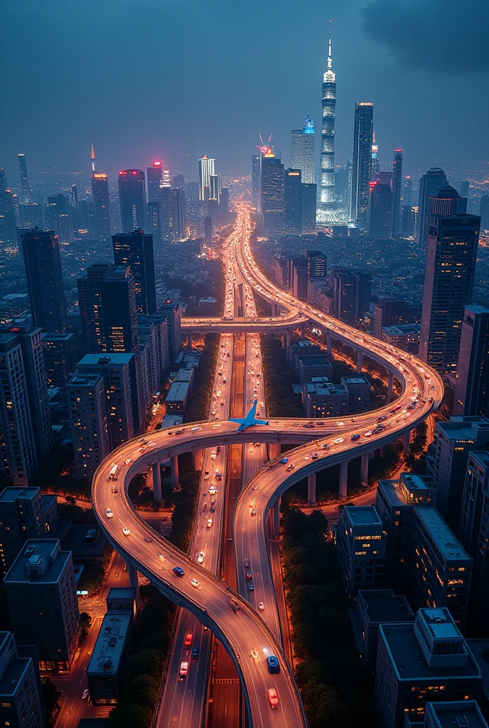"Aerial night view from an airplane flying over a vibrant city like Shanghai. The scene shows a bustling network of elevated highways with smoothly moving cars, skyscrapers lit up with bright city lights, and deep shadows creating contrast. The view is angled diagonally, capturing the city below as the scene gradually shifts across the screen. The glowing headlights and taillights of the cars add to the dynamic and lively atmosphere."