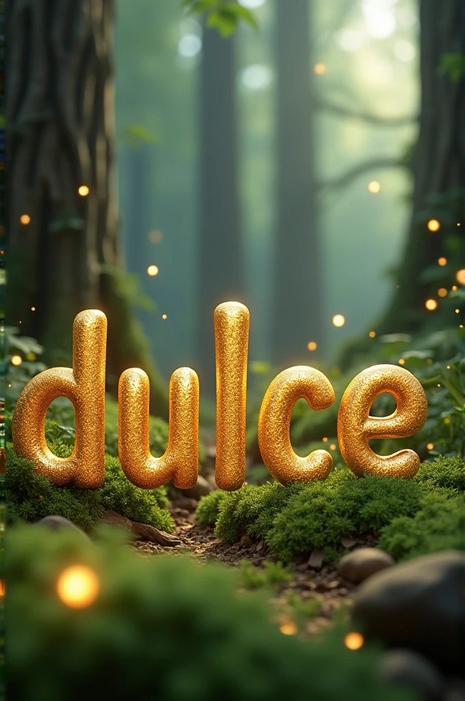 Word "dulce" written in gold serif font with glitter. Wird should be upright in a, forest setting. Image should be 3d and fantasical