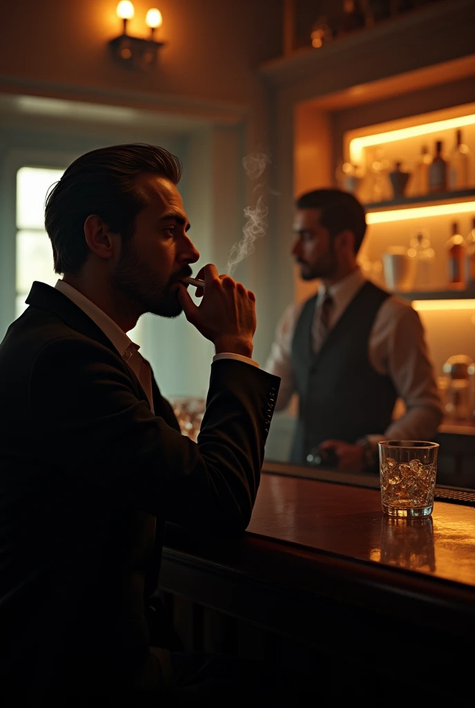 a man sitting at the bar, talking to the bartender, smoking a cigarette, elegant bar interior, warm lighting, detailed face and expression, High quality photorealistic, cinematographic composition, intricate details, chiaroscuro lighting, moody atmosphere, muted color palette