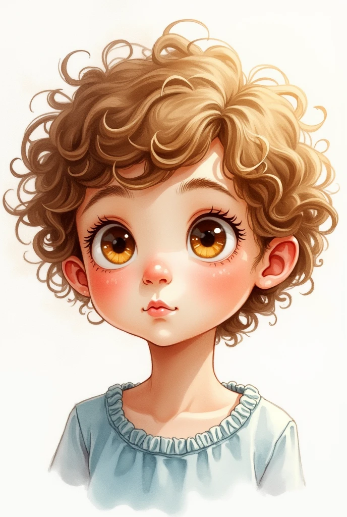two years, short light brown curly hair, honey-colored eyes, in watercolor
