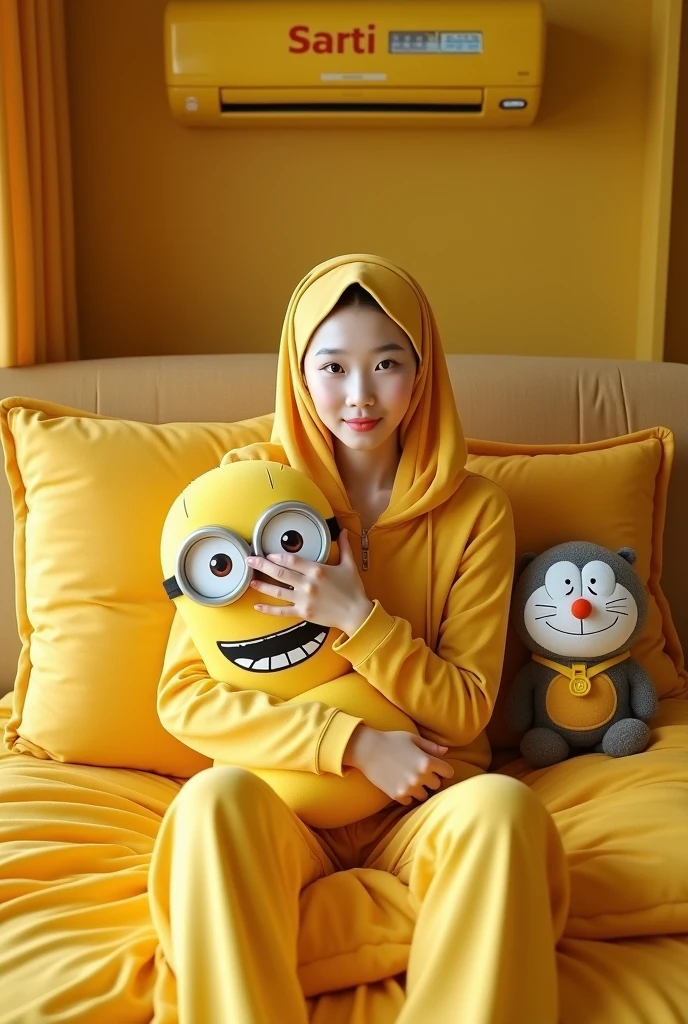 Beautiful Korean girl, smooth white skin, well-groomed face, yellow hijab, yellow hoodie, yellow jamsuit pants, sitting on a luxurious bed with a bolster pillow with the Santi logo while hugging a large yellow Menion doll, there is a panda doll, Dora Emon, Menion, luxurious interior background, The air conditioner in the luxury room is yellow, it looks authentic, real and realistic in the photos