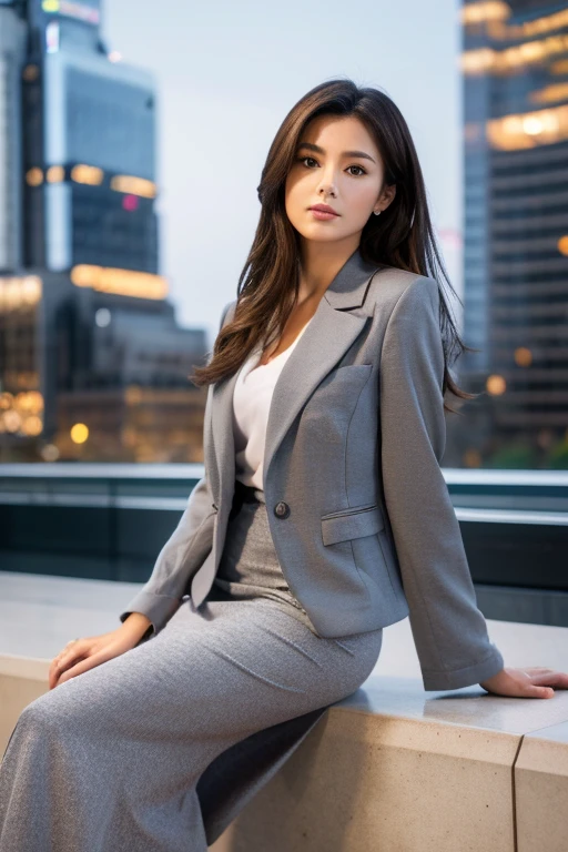 (Grey blazer)、Business Blouse、(Grey long skirt:1.3)、((Full Body Portrait))、silk pantyhose、Sitting、(Both legs and high heels look beautiful.)、1 girl、Perfect Anatomy, Perfect body, Perfect hands, Perfect Face, Perfect Eyes, Accurate, Anatomically correct, Perfectly clear and sharp focus、Large Breasts、Modern architecture at night on the background、Professional Lighting、((Highest quality、Ultra-high resolution、masterpiece))