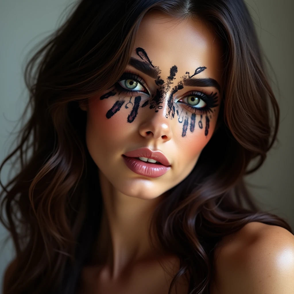 brunette woman, beautiful and sexy , made up in random places , Ultra detailed, 8k