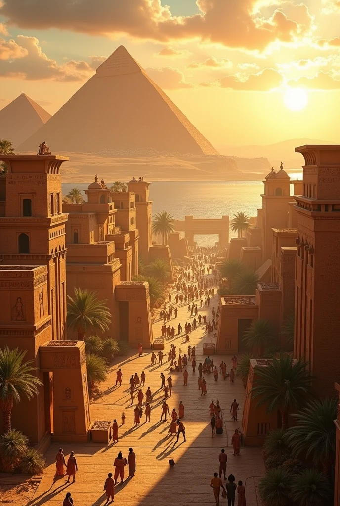 Create an ultra-realistic image of the ancient Egyptian civilization at its peak during the Old Kingdom. Depict a bustling city along the Nile River with grand pyramids under construction, surrounded by a thriving community. Show detailed scenes of daily life, including artisans carving hieroglyphs, farmers tending to crops, and merchants trading goods in vibrant markets. Capture the majestic architecture of temples, adorned with intricate carvings and statues of gods, with the river flowing serenely nearby. Include the warm, golden light of the setting sun casting long shadows across the landscape, highlighting the grandeur and vitality of this ancient civilization
