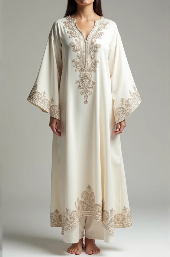 I want you to create a image of white silk with tilla on chest and little bit lose sleeves and little bit lose bottom tilla work on boarder of kurti and sleeves and bottomof pants in pakistani  style
