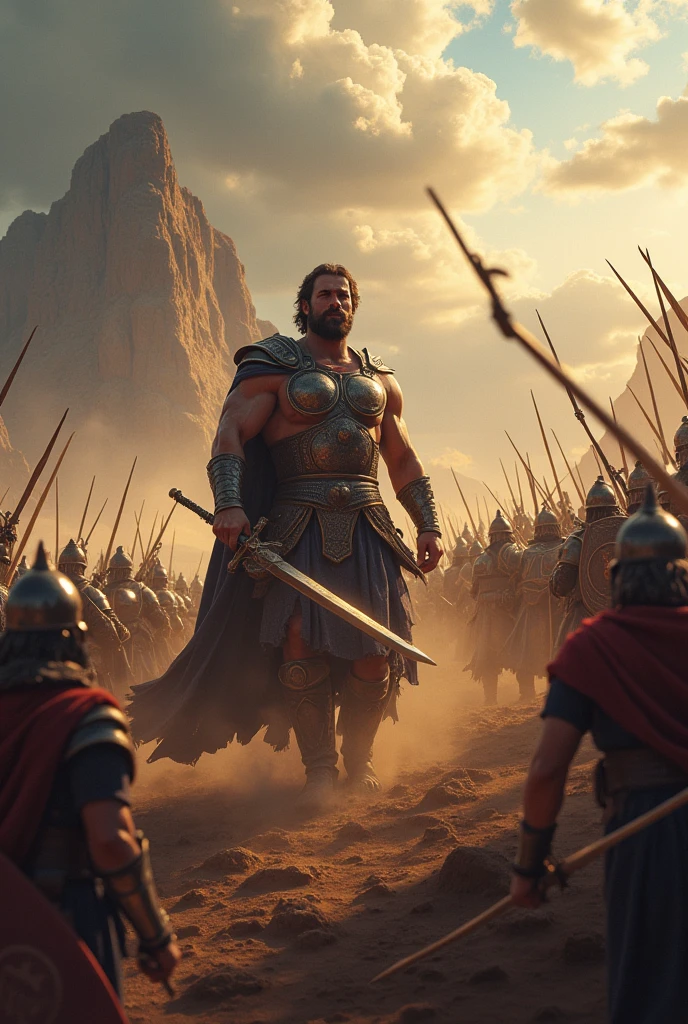 Create an epic depiction of King David leading his army into battle. Show David in action, demonstrating courage and leadership on the battlefield. The scene should capture the intensity and chaos of war, with soldiers in combat, swords and shields gleaming in the sunlight. Include details like the flag of Israel waving in the wind and David wielding his sword or bow. The setting should be dramatic, with mountains in the background and a sky filled with clouds, evoking the tense and heroic atmosphere of ancient biblical wars.