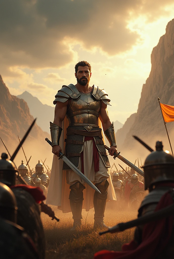 Create an epic depiction of King David leading his army into battle. Show David in action, demonstrating courage and leadership on the battlefield. The scene should capture the intensity and chaos of war, with soldiers in combat, swords and shields gleaming in the sunlight. Include details like the flag of Israel waving in the wind and David wielding his sword or bow. The setting should be dramatic, with mountains in the background and a sky filled with clouds, evoking the tense and heroic atmosphere of ancient biblical wars.