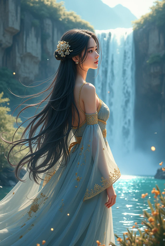 Best quality at best, ultra high resolution, (((1 girl))),(Long black hair), game fairy, Old palace, Hanfu, Yarn, light yarn, jewelry, (focal), (((Colorful))),(sketching:0.8) , tmasterpiece, Best quality at best, beautiful painted, meticuloso,(Denoising:0.6), highly  detailed, (tmasterpiece, Best quality at best） CG unified 8K wallpaper，tmasterpiece，Best quality，ultra - detailed）