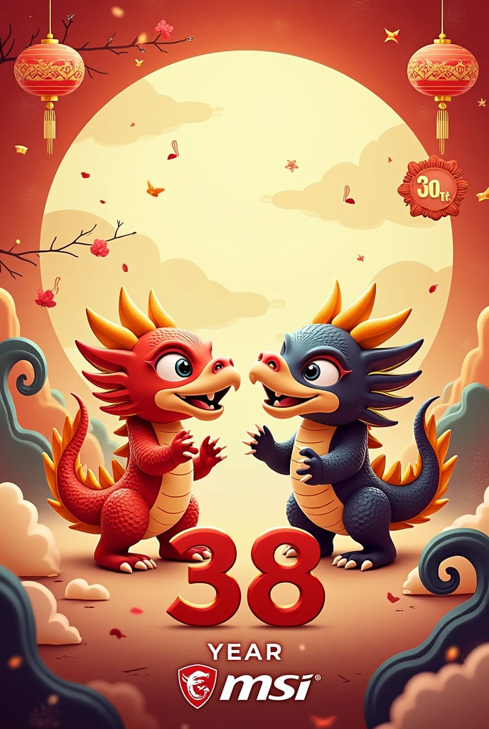 Generate a MSI anniversary card saying " happy 38 anniversary" featuring MSI Lucky dragon and MSI claw 8