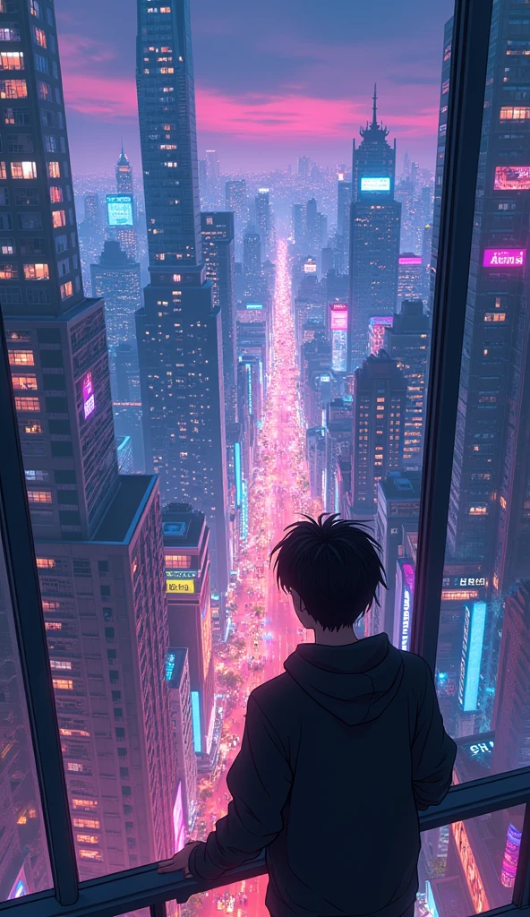 anime neon cyberpunk theme teenage guy looking at the city from a balcony of a tallest among all the skyscrapers overlooking a city(wide angle view)(straight angle view from back)(far angle view), makoto shinkai cyril rolando, makoto shinkai. —h 2160, style of afrofuturism aerial view,, ( ( makoto shinkai ) ), makoto shinkai. digital render, makoto shinkai!, beautiful anime scene A cyberpunk city street scene with full of neon lights, and futuristic buildings,The atmosphere is vibrant and bustling with people in high-tech attire, high resolution, captured in crisp detail, The background features a neon-lit cityscape, giving the cyberpunk atmosphere a touch of intimacy and tenderness, eye-level camera angle --s 250 --v 6.0 --no 3D effect, photorealistic.Hawaii, gta vice style , illustration , reteo comic illustration