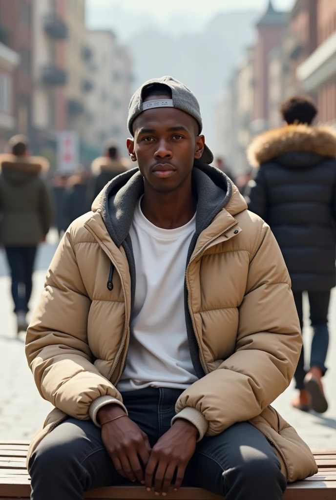 best qualityer:1.4), (ultra high resolution:1.2), (photorrealistic:1.4), (8k, CRU photo:1.2), 1 young black man, 20 years old. he is wearing a white shirt, beige puffer coat on top. He is wearing black jeans. Corte de cabelo buzzcut. He&#39;s wearing a gray cap backwards. He is sitting on a wooden bench in the sun. Corte de cabelo buzzcut. thin build. It&#39;s not blurry in the background. thin build. In the background there are a lot of people walking in winter clothes. 