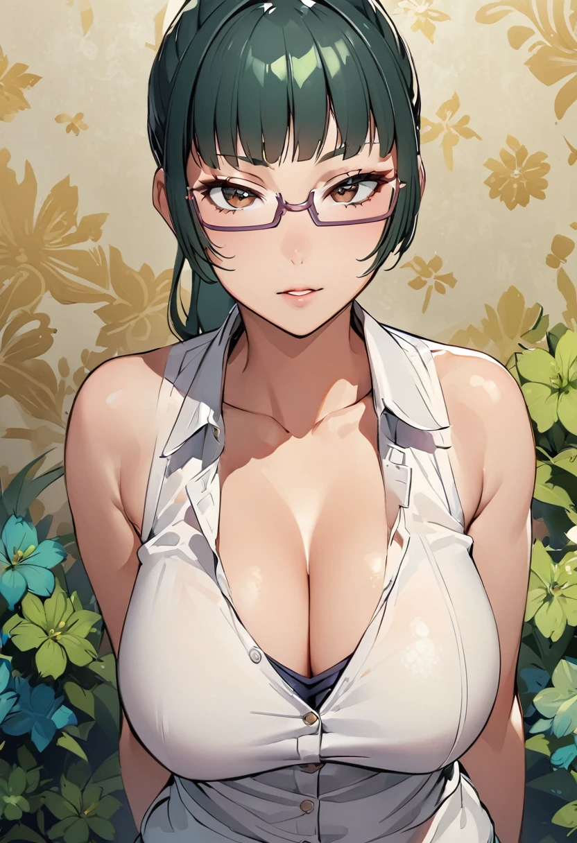 Zenin Maki with green hair and glasses, big breasts, cleavage, arms behind back, fine details. best anime 4k konachan wallpaper, beautiful anime portrait, stunning anime face portrait, detailed portrait, The background is a vintage floral-patterned wallpaper that complements the artwork's colors. The line work is precise, with delicate shading that gives the illustration a 3D quality, ornate floral background, with green flowers, 
