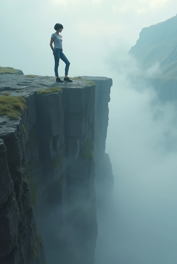 A 164cm 64kg woman with wolf cut hair around shoulder length, dressed tomboyish with simple blue jeans and tshirt. She stands on the edge of a cliff with one leg at a higher level than the other.. Resting her elbow on the elevated thigh.. She looks down in to depths below that are cloudy. And contemplates life. The view should be far a way to get a full scenic view