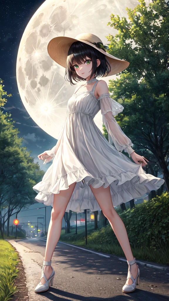 ultra quality, Women's, adult, ((HD quality)), full height, green eyes, black hair, short hair, 
stand, Road, there are trees around, 
road sign, night, full moon white dress, hat, shoes, Wind lift, it&#39;s confusing, underwear, 
