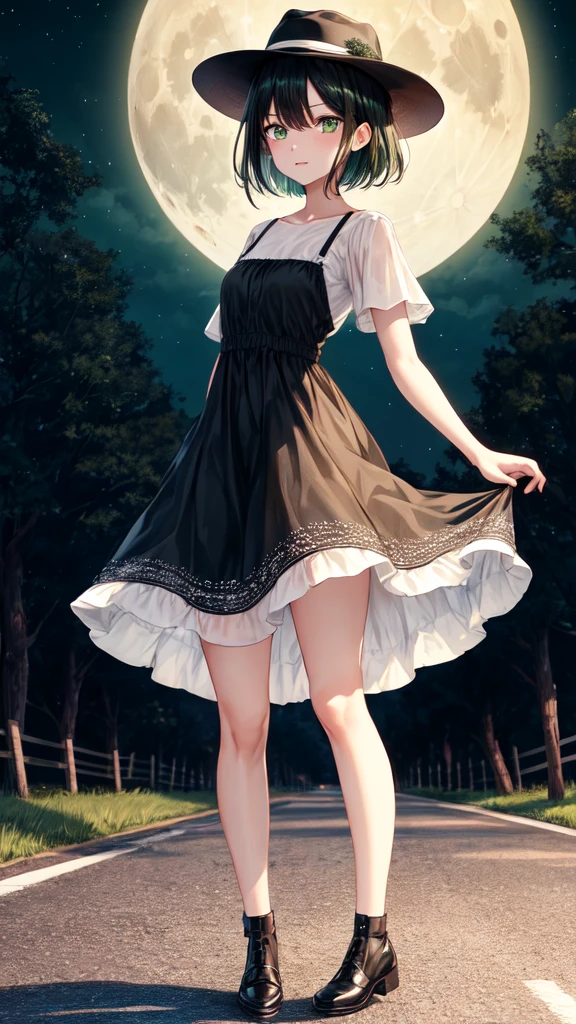 ultra quality, Women's, adult, ((HD quality)), full height, green eyes, black hair, short hair, 
stand, Road, there are trees around, 
road sign, night, full moon white dress, hat, shoes, Wind lift, it&#39;s confusing, underwear, 