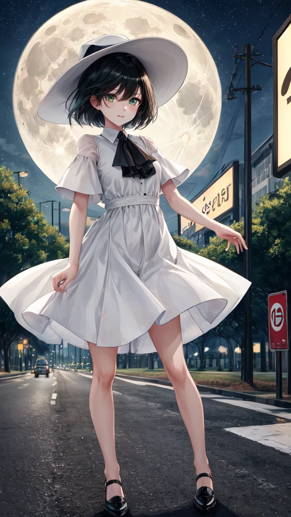 ultra quality, Women's, adult, ((HD quality)), full height, green eyes, black hair, short hair,
stand, Road, there are trees around,
road sign, night, full moon white dress, hat, shoes, Wind lift, it's confusing, underwear,
