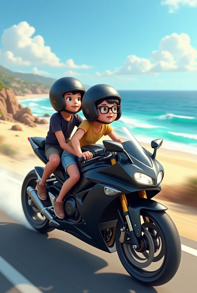 1 black motorcycle with a thin, light-skinned boy and a chubby, white, black-haired girl wearing helmets and glasses heading to the beach 