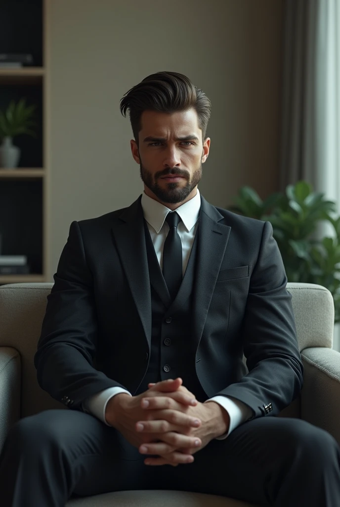 (photorealism:1.2), a frustrated and sad elegant man sitting
