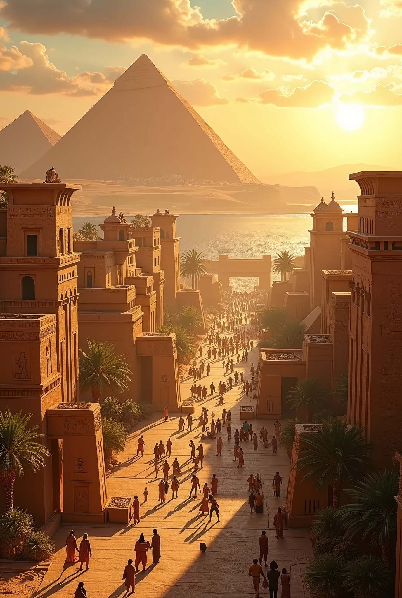 Create an ultra-realistic image of the ancient Egyptian civilization at its peak during the Old Kingdom. Depict a bustling city along the Nile River with grand pyramids under construction, surrounded by a thriving community. Show detailed scenes of daily life, including artisans carving hieroglyphs, farmers tending to crops, and merchants trading goods in vibrant markets. Capture the majestic architecture of temples, adorned with intricate carvings and statues of gods, with the river flowing serenely nearby. Include the warm, golden light of the setting sun casting long shadows across the landscape, highlighting the grandeur and vitality of this ancient civilization