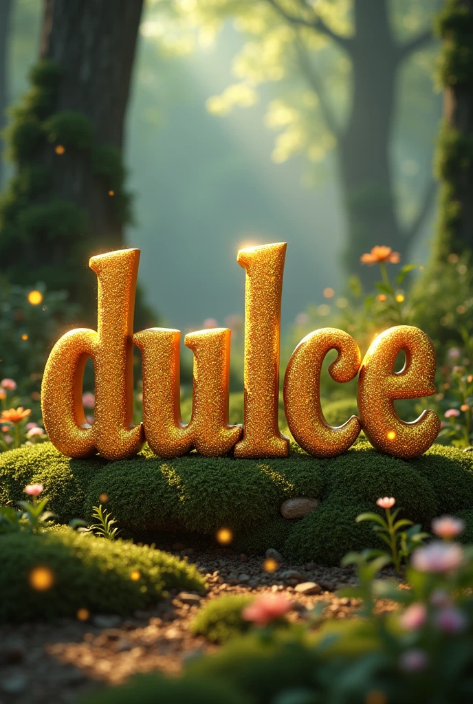 Word "dulce" written in gold serif elegant font with glitter. Wird should be upright in a, forest setting. Image should be 3d and fantasical