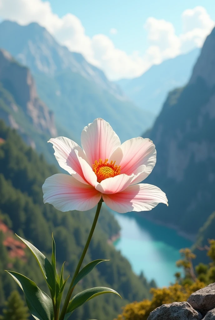 White flower with a pink center and orange edges on the petals, on a mountain near a river