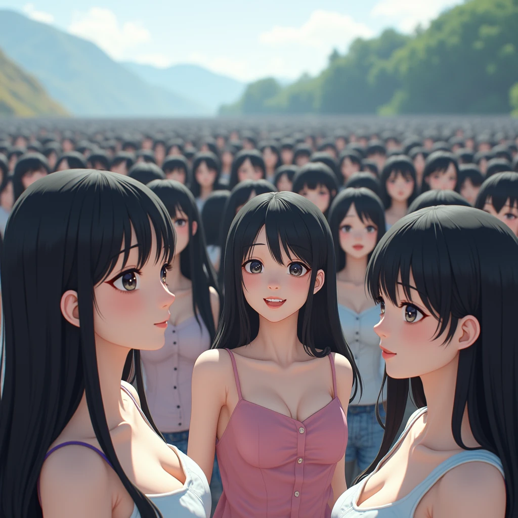 (((((Japanese Clone girls=Myself)))))), (((Best Super High quality Myself Clone girls Raw Photography Art))), (16K, Highest quality, Ultra-high resolution, RAW Photos), (((It's so unrealistic., With unparalleled depiction, With an unfathomable sight, An unprecedented and shocking worldview, Clone girls in a world of mass reproduction, Ultra-realistic))), (((Japanese, woman, 20yo, Saito-Asuka))), (Small face, ((Thick black hair, Semi-long hair))), ((V-neck short-sleeve dress)), (((((Very detailed美しい女体, Accurate body structure, Very detailed完璧な, Super busty body with very large breasts, Clearly emphasizes cleavage))))), (((Dark Eyes, Mature face, Cute Smile, A gentle gaze))), (((Her happy and smiling expression is so cute))), ((((((((Very detailed分身増殖描写, ((1girl→Myself cloning→1,000,000,000,000,000,000,000,000,000,000,000,000,000,000,000,000,000,000,000,000Myself Clone girls)))))))))), ((((((((Very detailed, The precise depiction of the proliferation of Myself Clone girls, ((With the perfectly identical bodies of Myself clone girls, With the exact same face as the Myself clone girls, With the exact same hairstyle as the Myself clone girls, In the exact same clothes as the girls who are my clones, Perfectly the same height as the Myself clone girls, Super big breasts, just like the Myself clone girls)))))))))), (((Myself clone girls only))), (((Multiple pairs, Very detailed depiction, (Myself clone girls hug each other, Myself clone girls assemble, Fun conversations with fellow Myself clone girls, A fun conversation between Myself clone girls, Myself clone girls holding hands, Walking with lots of Myself clone girls, turn around, look at me, The approaching crowd of Myself)))), (((Everyone looks at the camera))), (((Unbelievably crowded, Transcendent Myself clone girls intimately, Countless Myself clone girls surround you in 360 degrees))), (Bright, soft sunlight), (((Very wide field of view, Very detailed, Detailed ultra-perspective depiction with clear depth, super wide view))), (((((A view of a steeply curved slope))))), (((Very photographic and detailed depiction, Myself clone girls will multiply infinitely and fill the surroundings from one side to the horizon with their bodies tightly packed together without any gaps., A scene of endless Myself clone girls, giving a happy vibe.))), (Focus on the average value of the image)
