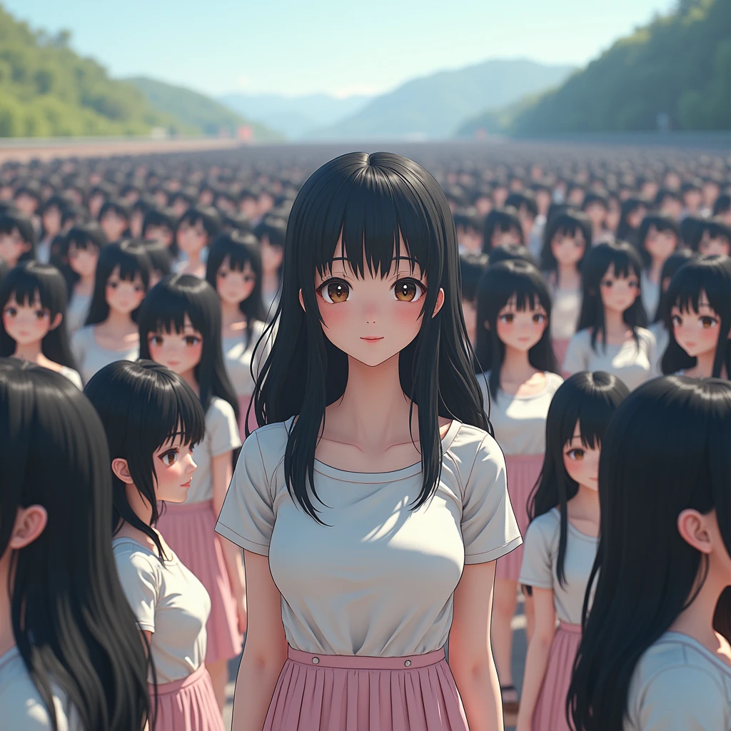 (((((Japanese Clone girls=Myself)))))), (((Best Super High quality Myself Clone girls Raw Photography Art))), (16K, Highest quality, Ultra-high resolution, RAW Photos), (((It's so unrealistic., With unparalleled depiction, With an unfathomable sight, An unprecedented and shocking worldview, Clone girls in a world of mass reproduction, Ultra-realistic))), (((Japanese, woman, 20yo, Saito-Asuka))), (Small face, ((Thick black hair, Semi-long hair))), ((V-neck short-sleeve dress)), (((((Very detailed美しい女体, Accurate body structure, Very detailed完璧な, Super busty body with very large breasts, Clearly emphasizes cleavage))))), (((Dark Eyes, Mature face, Cute Smile, A gentle gaze))), (((Her happy and smiling expression is so cute))), ((((((((Very detailed分身増殖描写, ((1girl→Myself cloning→1,000,000,000,000,000,000,000,000,000,000,000,000,000,000,000,000,000,000,000,000Myself Clone girls)))))))))), ((((((((Very detailed, The precise depiction of the proliferation of Myself Clone girls, ((With the perfectly identical bodies of Myself clone girls, With the exact same face as the Myself clone girls, With the exact same hairstyle as the Myself clone girls, In the exact same clothes as the girls who are my clones, Perfectly the same height as the Myself clone girls, Super big breasts, just like the Myself clone girls)))))))))), (((Myself clone girls only))), (((Multiple pairs, Very detailed depiction, (Myself clone girls hug each other, Myself clone girls assemble, Fun conversations with fellow Myself clone girls, A fun conversation between Myself clone girls, Myself clone girls holding hands, Walking with lots of Myself clone girls, turn around, look at me, The approaching crowd of Myself)))), (((Everyone looks at the camera))), (((Unbelievably crowded, Transcendent Myself clone girls intimately, Countless Myself clone girls surround you in 360 degrees))), (Bright, soft sunlight), (((Very wide field of view, Very detailed, Detailed ultra-perspective depiction with clear depth, super wide view))), (((((A view of a steeply curved slope))))), (((Very photographic and detailed depiction, Myself clone girls will multiply infinitely and fill the surroundings from one side to the horizon with their bodies tightly packed together without any gaps., A scene of endless Myself clone girls, giving a happy vibe.))), (Focus on the average value of the image)