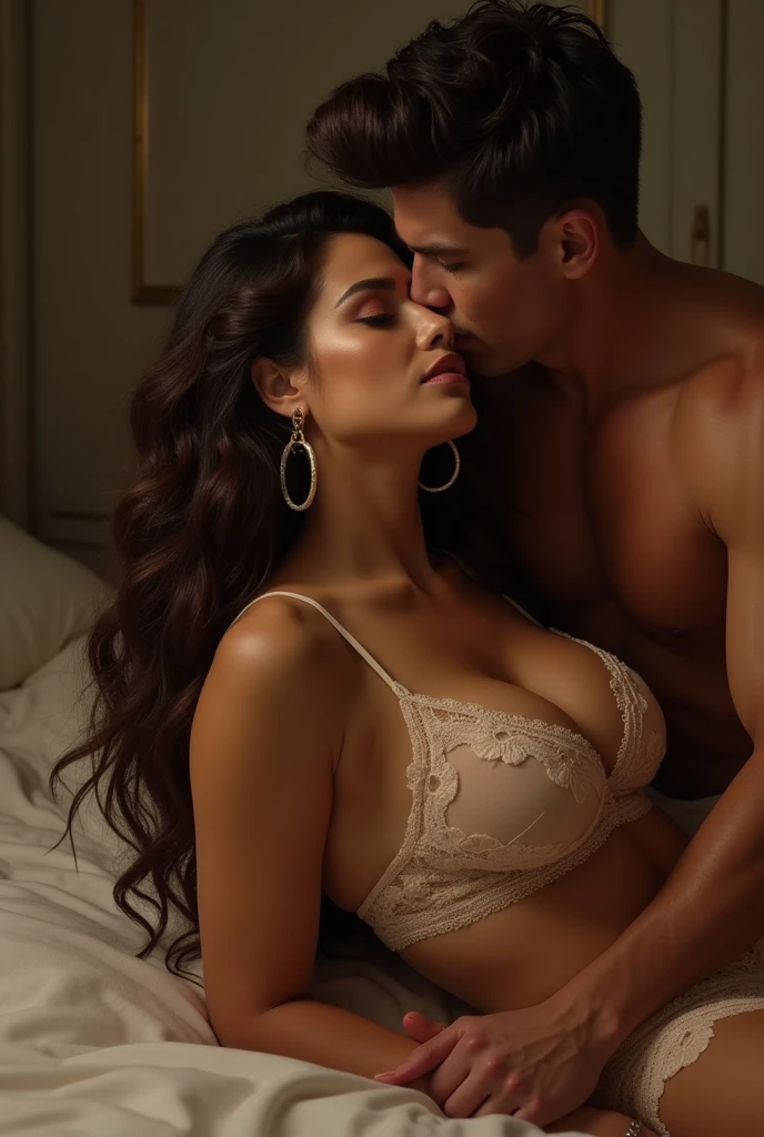 Madison Beer lying in bed wearing lingerie. She has a huge tits, long luxurious brunette hair, large hoop earrings, long french tip nails, and high heels on. She is being choked by buff dude.