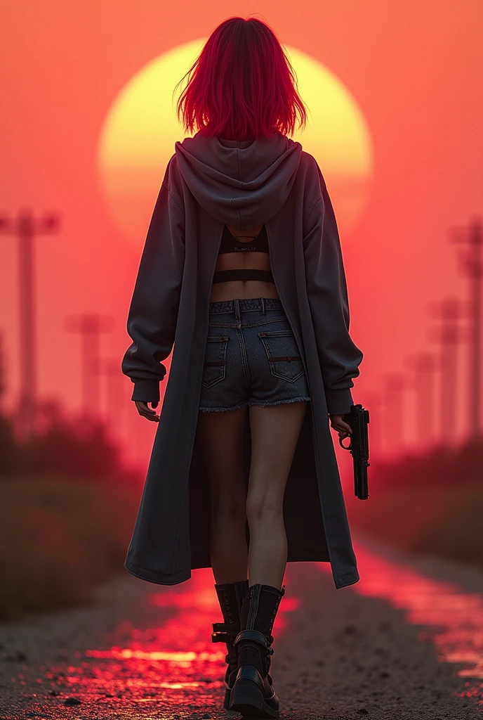 cinematographic post apocalyptic environment, ruins, sunset, gothic girl with red hair, very beautiful, secondary, walks among the ruins, dressed only in torn underwear and a backpack on her back, with the face of Dolly Little, post apocalyptic destroyed city