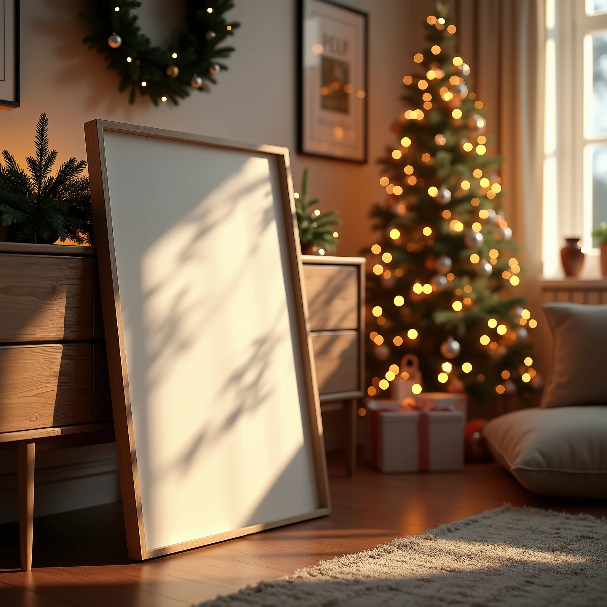 An ultra-realistic Christmas living room bathed in warm ambient light. A blank DIN A-sized white-framed canvas leans against the wall on a wooden console, reflecting the soft glow of Christmas lights. The room is filled with festive decor, including a beautifully lit Christmas tree, garlands, and cozy cushions. Shadows and light play across the blank canvas, giving it depth and realism. Every detail, from the texture of the wood to the delicate reflections on the ornaments, is captured with stunning clarity, creating a serene and festive atmosphere