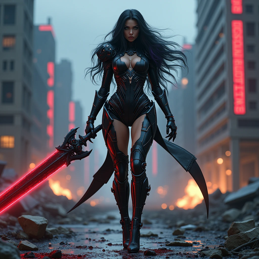 full body pose, wearing a mechanical suit, high heel boots,Mechanical wonder, Cyberpunk, Cybernetic Guardian, futuristic black armor, full body, front pose, symmetry, intricate (steel metal [rust]), joints, warframe style, cyborg, Most beautiful female body and revealing armor, large breast, seductive, temptation, eat your soul, cleavage, covered in blood, long flowing black hair with purple highlights, heavy gothic makeup, sith queen, evil empress, at night, blood puddles on the ground, wartorn empty ruins, stiletto heels, Holding a black and red laser sword, full body action pose, full body combat pose, full war around her, explosions and fire, most beautiful stiletto heel armor boots