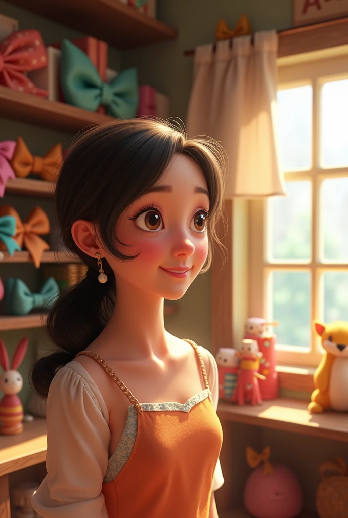 Create a beautiful Pixar-style woman dreaming of having her own bow-selling shop