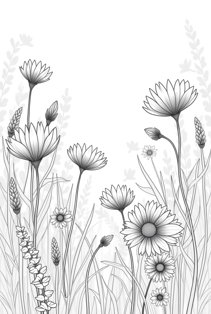 Various flowers in black and white and drawn, as if they were a garden