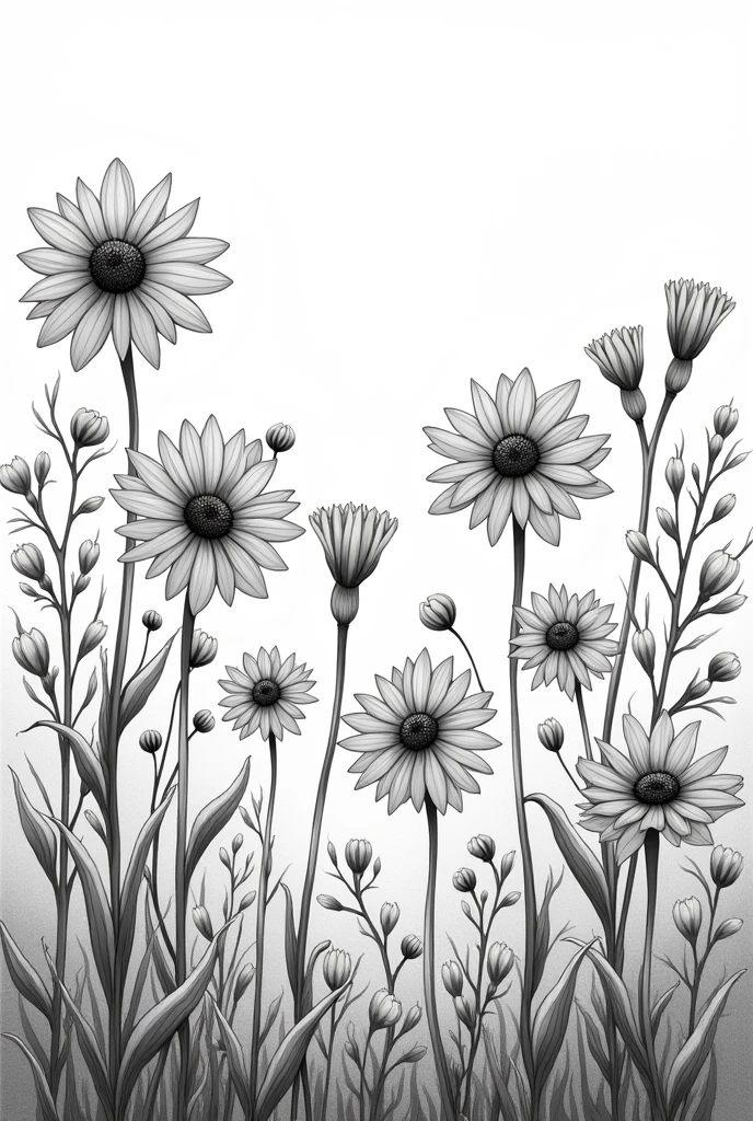 Various flowers in black and white and drawn, as if they were a garden
