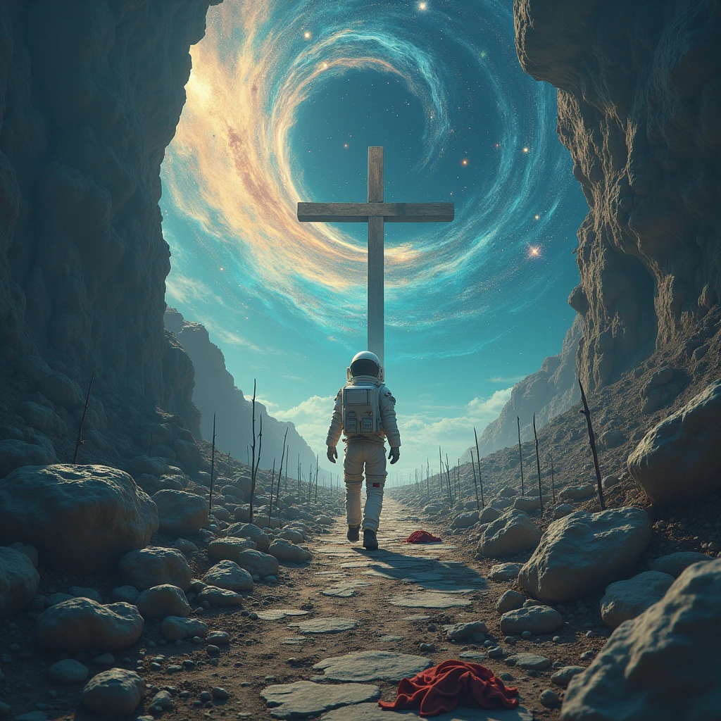 in outer space, stars , galaxies , planets , a rocky path with thorns, spears, clothes on the floor and at the end of the road a cross , an astronaut
