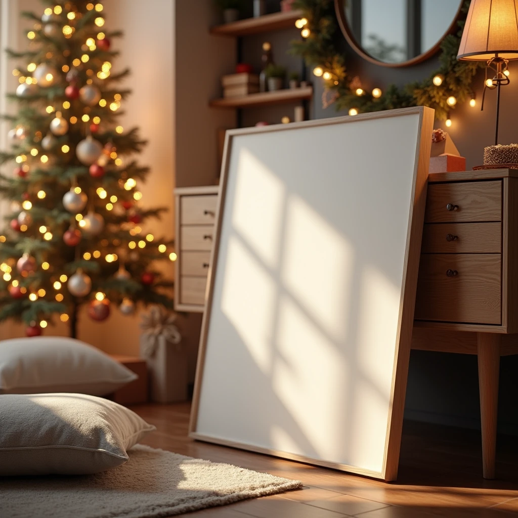 An ultra-realistic Christmas living room bathed in warm ambient light. A blank DIN A-sized white-framed canvas leans against the wall on a wooden console, reflecting the soft glow of Christmas lights. The room is filled with festive decor, including a beautifully lit Christmas tree, garlands, and cozy cushions. Shadows and light play across the blank canvas, giving it depth and realism. Every detail, from the texture of the wood to the delicate reflections on the ornaments, is captured with stunning clarity, creating a serene and festive atmosphere
