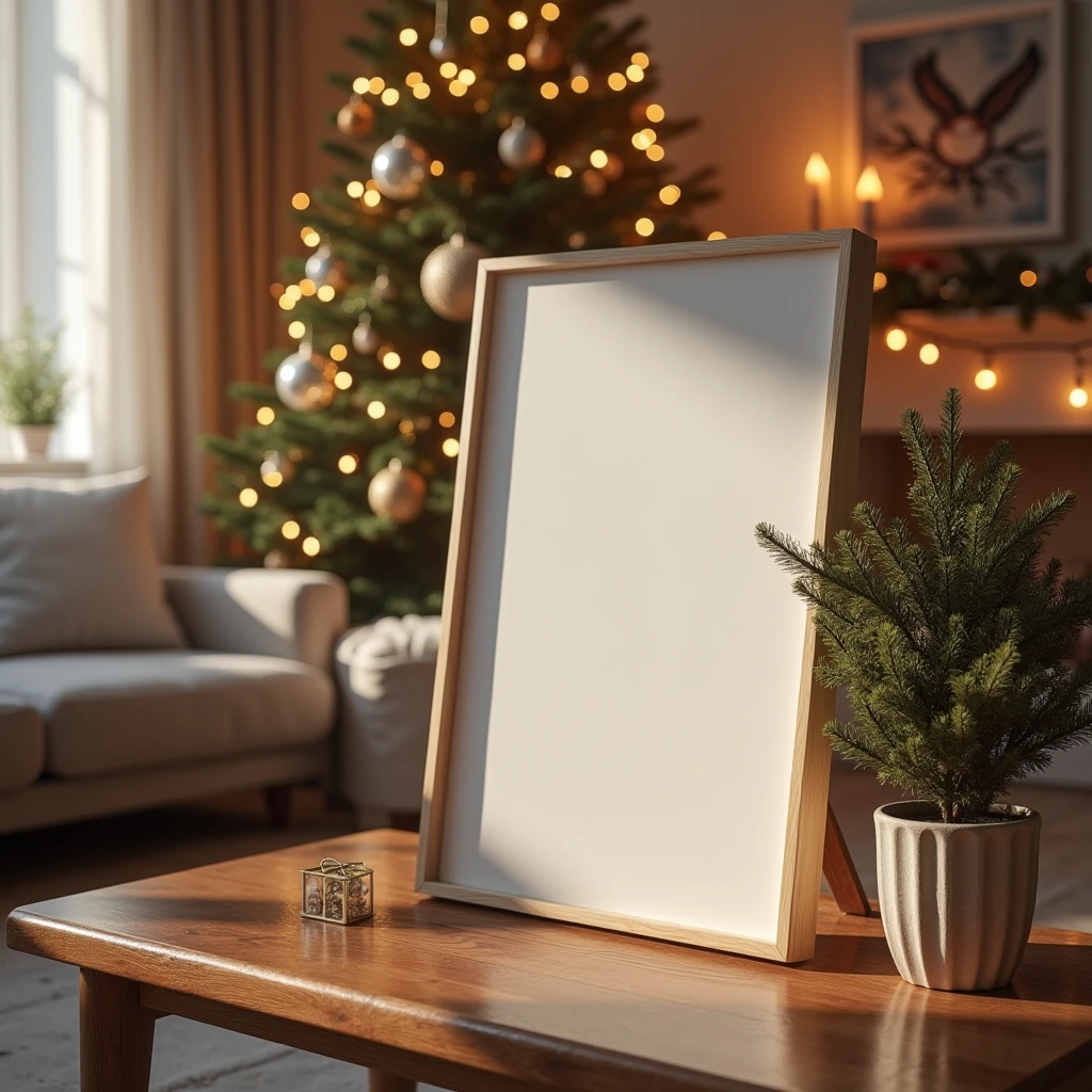 An ultra-realistic Christmas living room bathed in warm ambient light. A blank DIN A-sized white-framed canvas leans against the wall on a wooden console, reflecting the soft glow of Christmas lights. The room is filled with festive decor, including a beautifully lit Christmas tree, garlands, and cozy cushions. Shadows and light play across the blank canvas, giving it depth and realism. Every detail, from the texture of the wood to the delicate reflections on the ornaments, is captured with stunning clarity, creating a serene and festive atmosphere