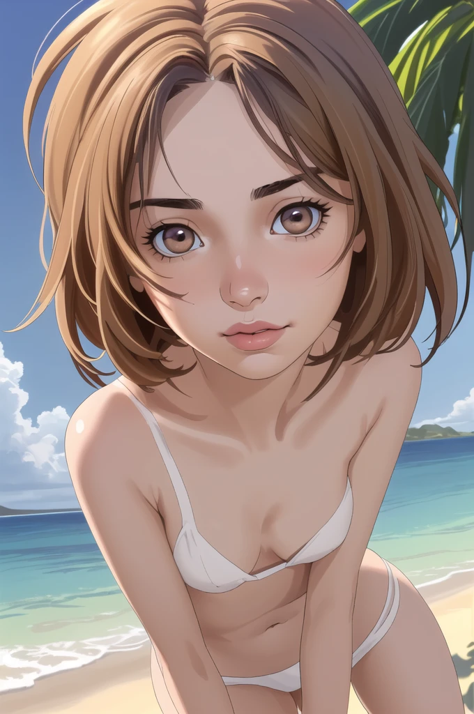 a age girl with small breasts, mostrando os seios, brown eyes, loiro escuro hair, pale skin, detailed face, (best quality,4k,8k,highres,masterpiece:1.2),ultra-detailed,(realistic,photorealistic,photo-realistic:1.37),extremely detailed eyes and face,long eyelashes,beautiful detailed eyes,beautiful detailed lips,beautiful skin,realistic proportions,natural lighting,vibrant colors,summer,beach,ocean,sky,sunlight,sandy beach
