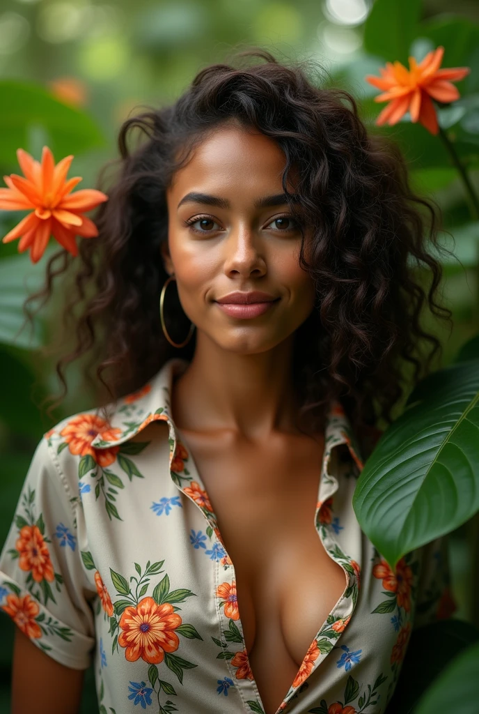 A Brazilian woman in a lush tropical garden, wearing an open shirt with a floral print, with a close-up capturing the harmonious beauty between her breasts and the natural flowers, showing off your natural charm and outgoing personality.