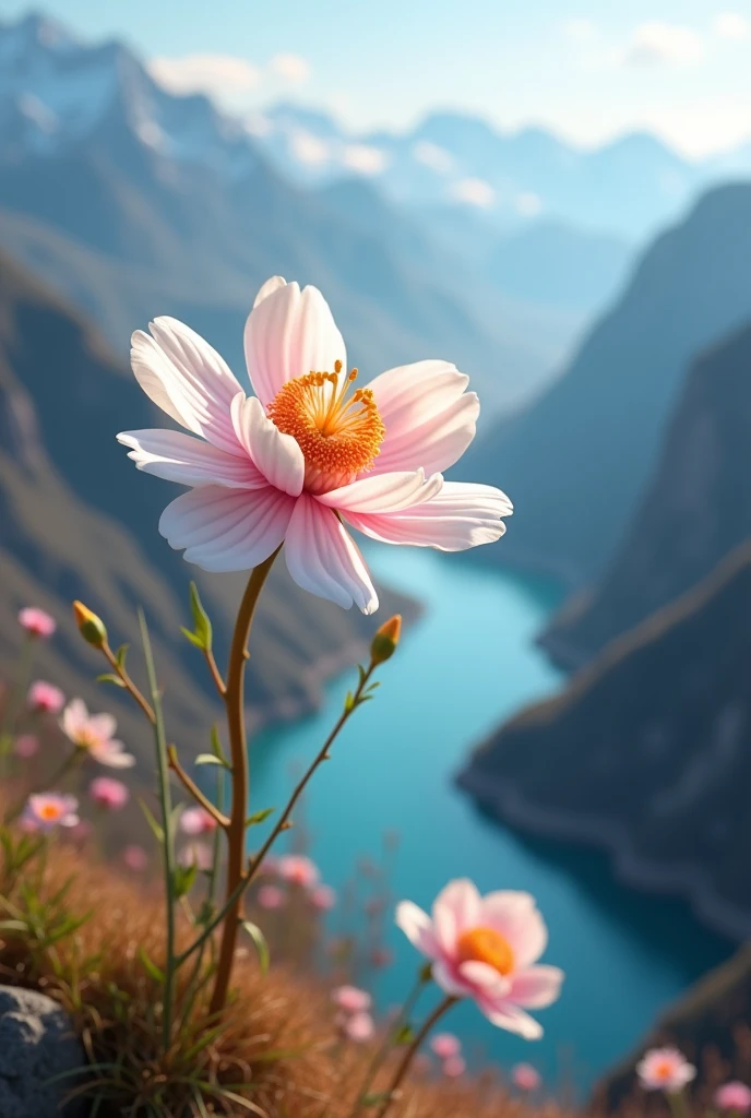 White flower with a pink center and orange edges on the petals, on a mountain near a river